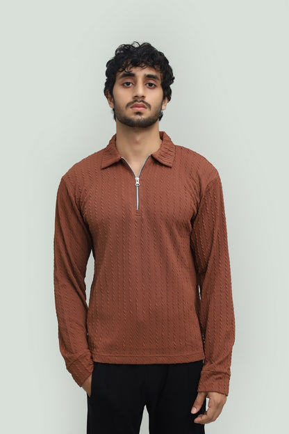 Textured Dark Rosy Brown Zipper Polo FS