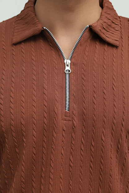 Textured Dark Rosy Brown Zipper Polo FS