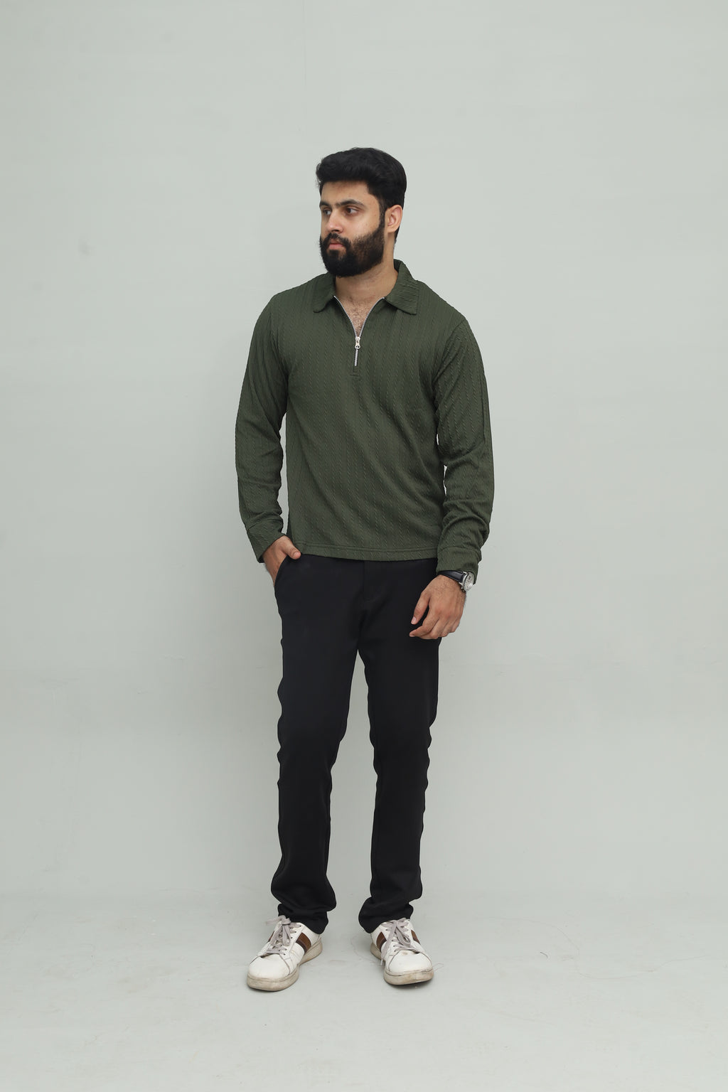 Textured Olive Green Zipper Polo FS