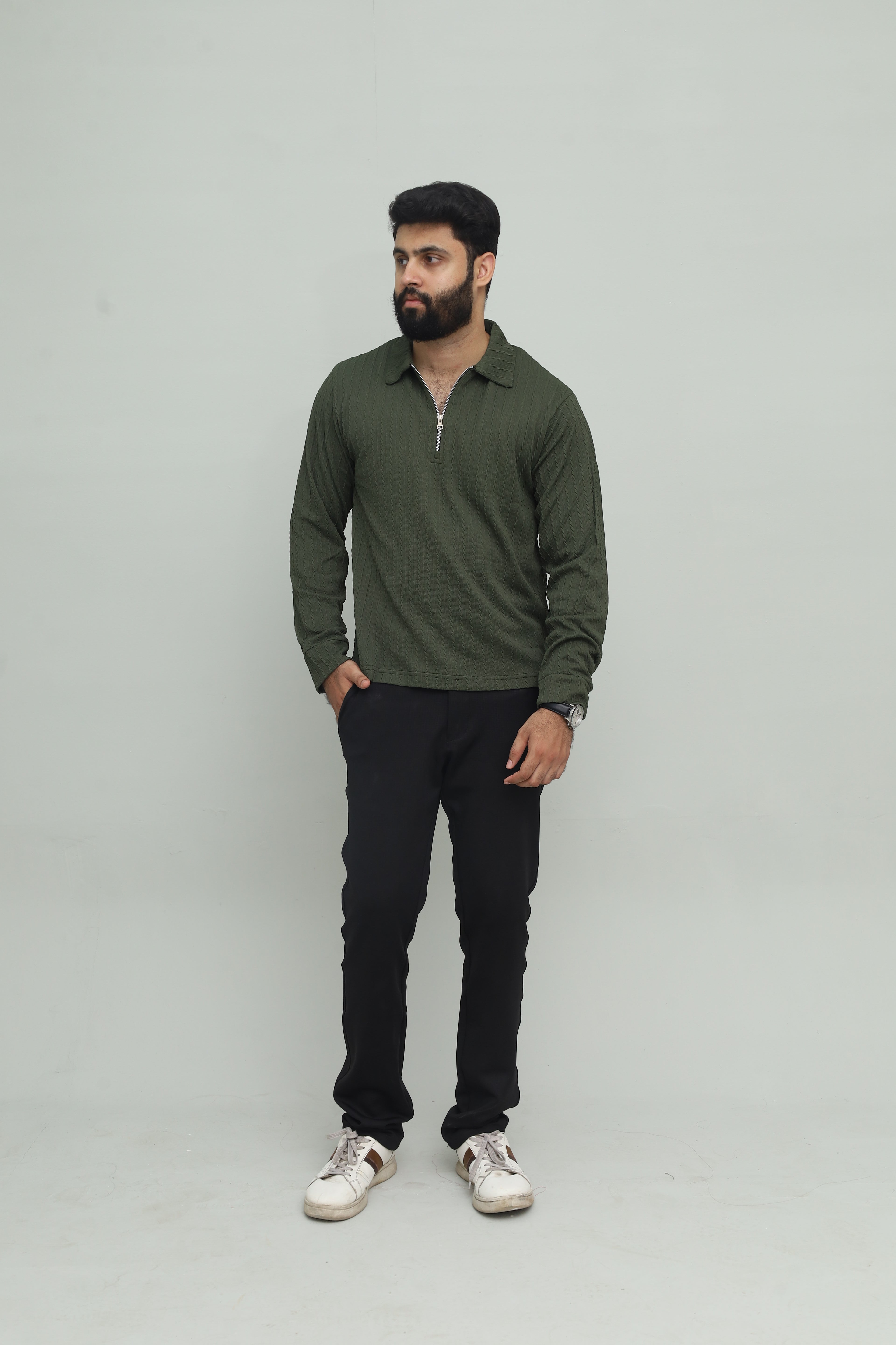 Textured Olive Green Zipper Polo FS