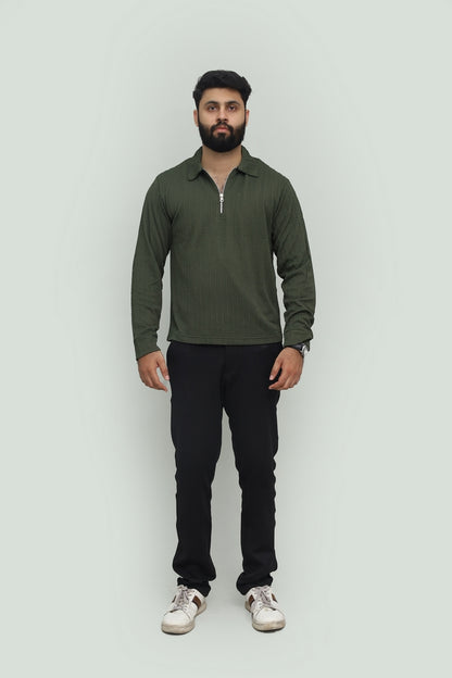 Textured Olive Green Zipper Polo FS