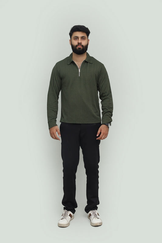 Textured Olive Green Zipper Polo FS