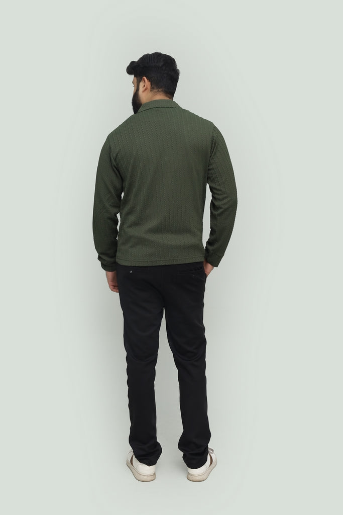 Textured Olive Green Zipper Polo FS