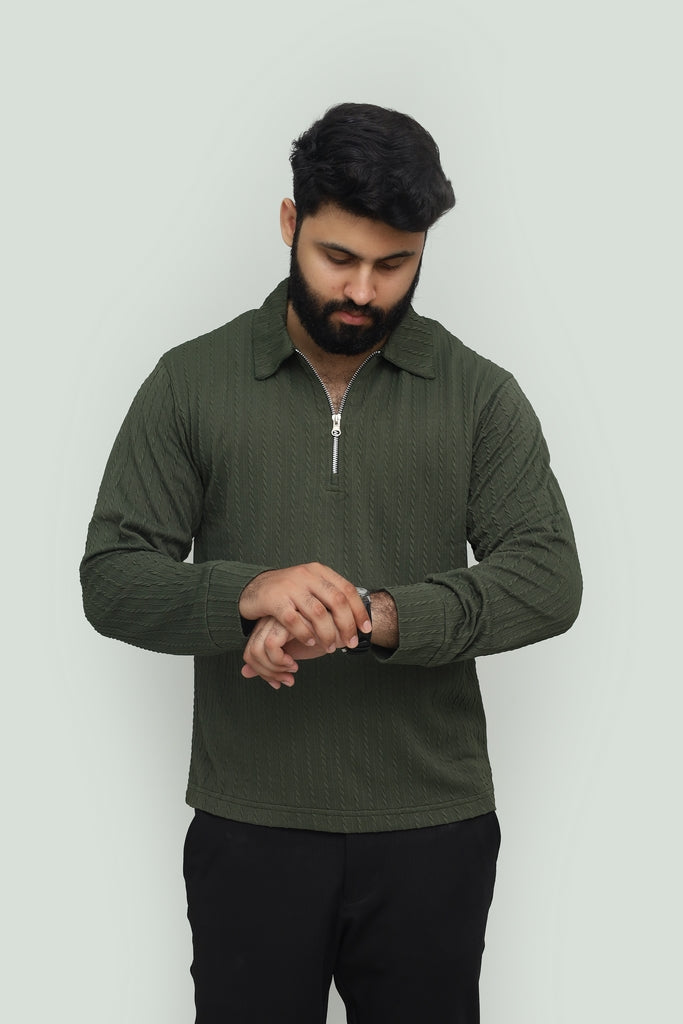 Textured Olive Green Zipper Polo FS