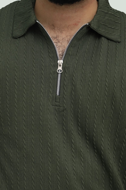 Textured Olive Green Zipper Polo FS