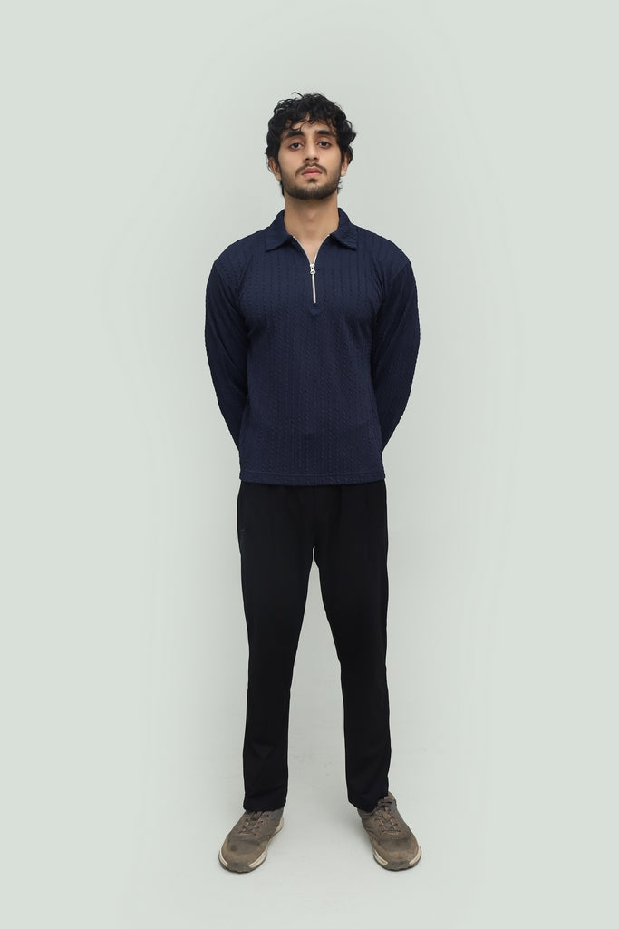 Textured Navy Blue Zipper Polo FS