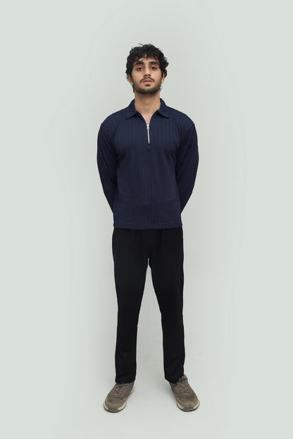 Textured Navy Blue Zipper Polo FS