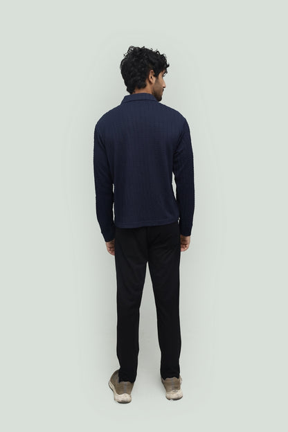 Textured Navy Blue Zipper Polo FS