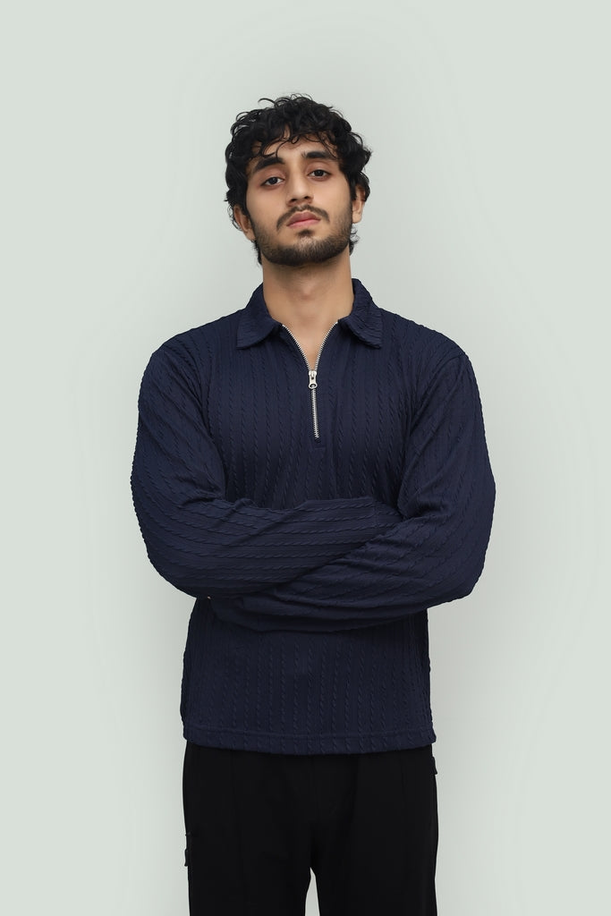 Textured Navy Blue Zipper Polo FS