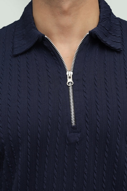 Textured Navy Blue Zipper Polo FS