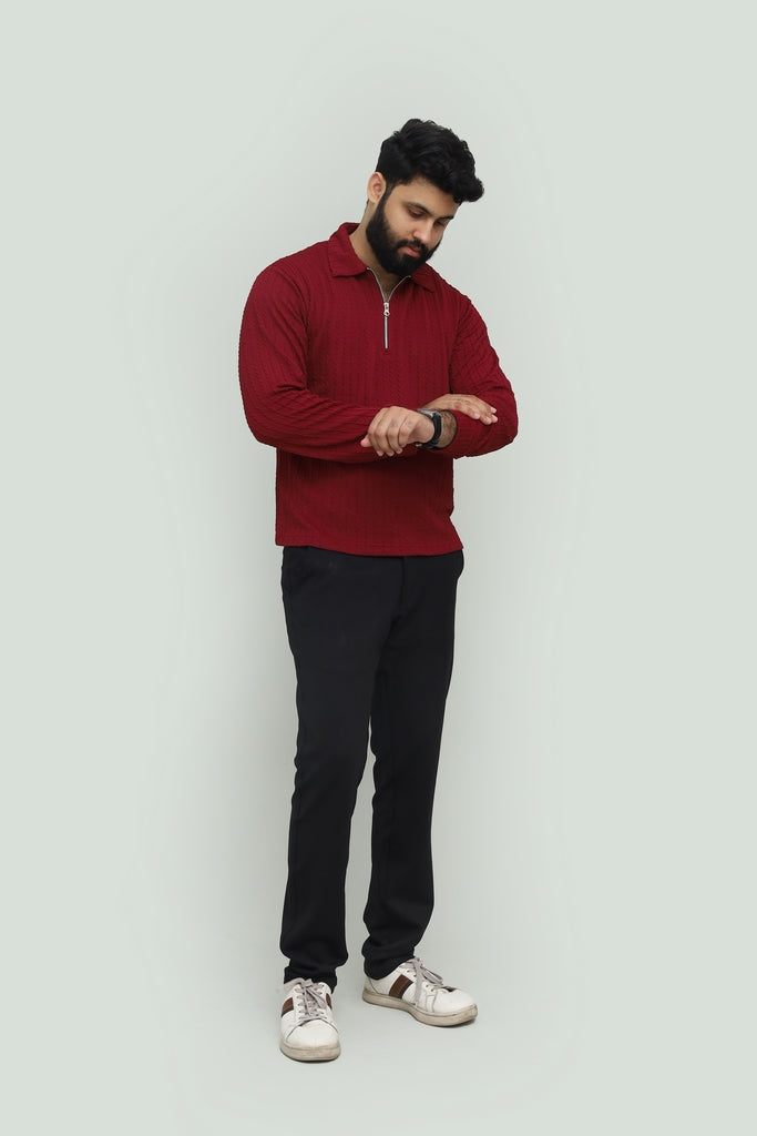 Textured Maroon Zipper Polo FS