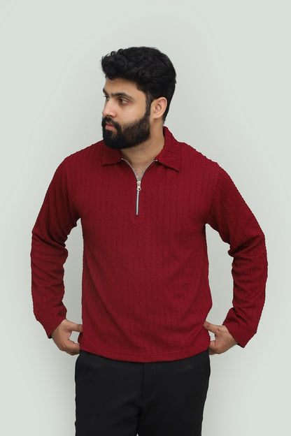 Textured Maroon Zipper Polo FS