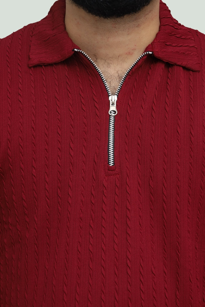Textured Maroon Zipper Polo FS