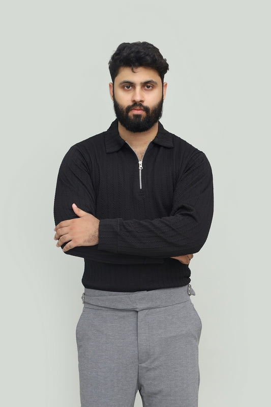 Textured Black Zipper Polo FS