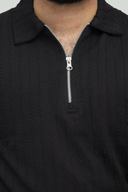Textured Black Zipper Polo FS