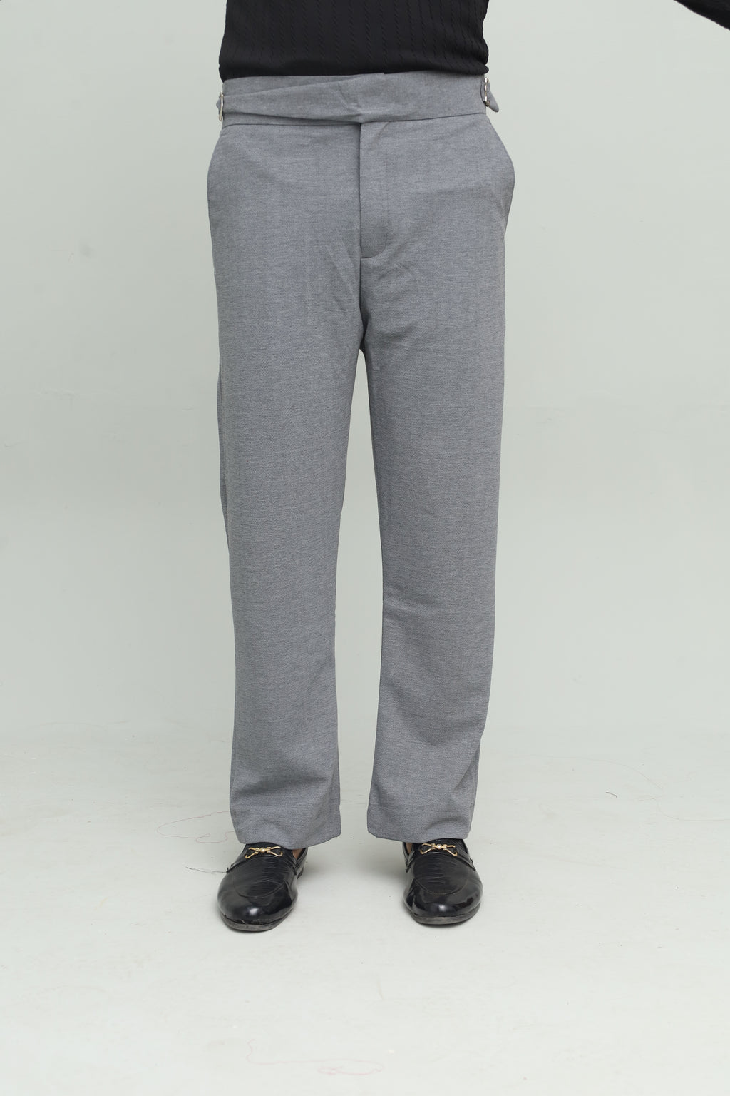 Textured Navy Blue Zipper Polo & Dark Gray Gurkha Pants