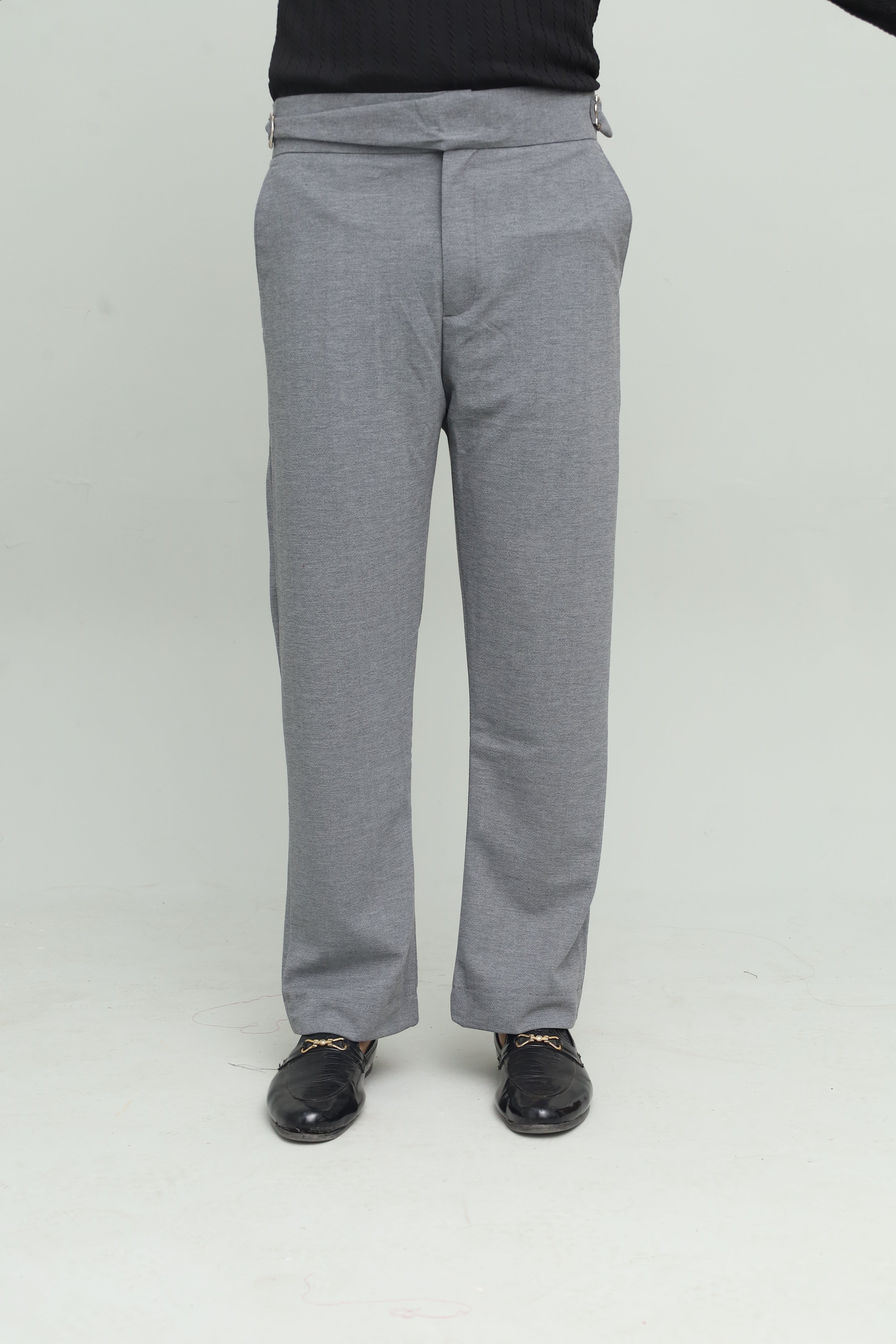 Textured Navy Blue Zipper Polo & Dark Gray Gurkha Pants