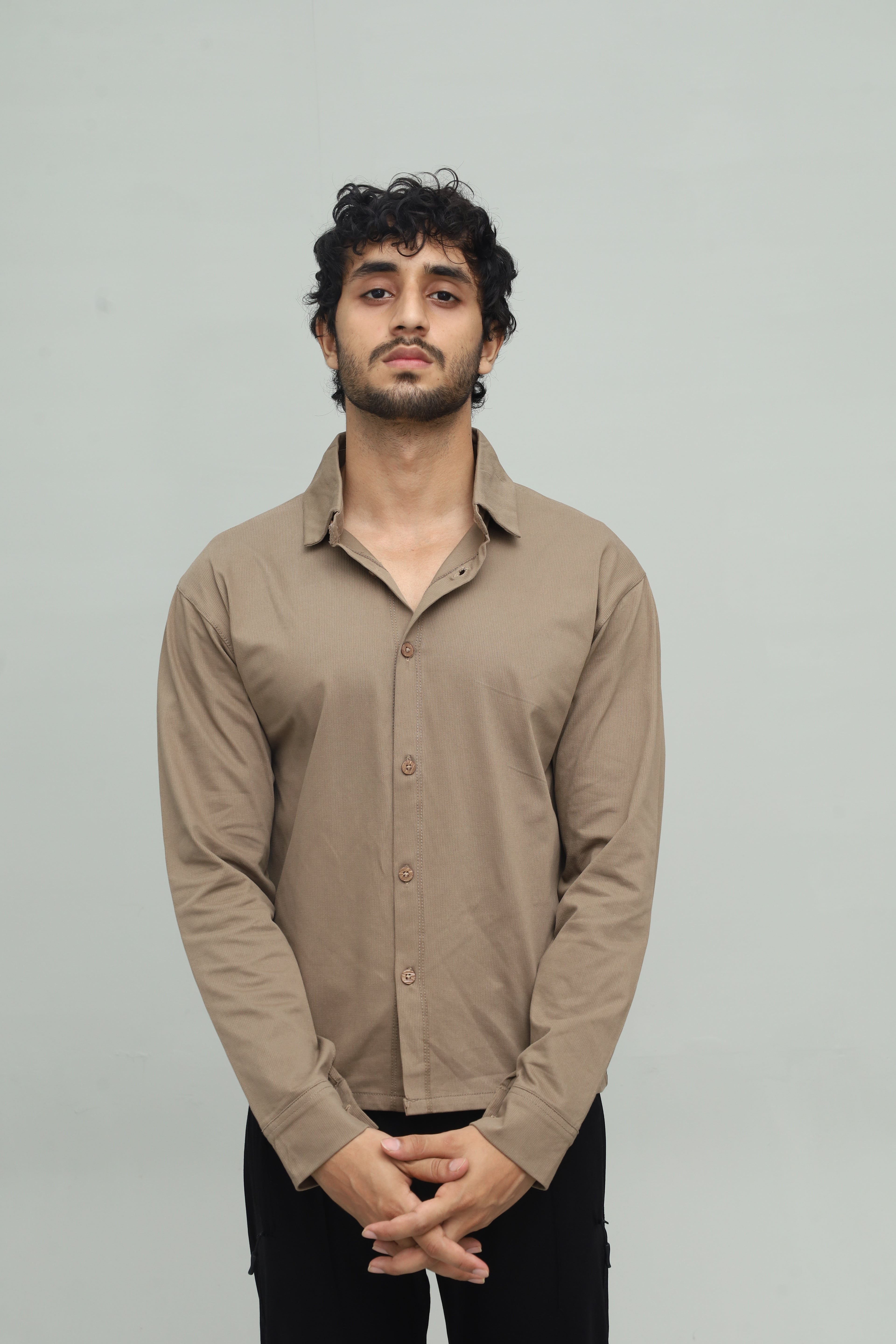 Cropped Khaki Brown Button Down Shirt FS