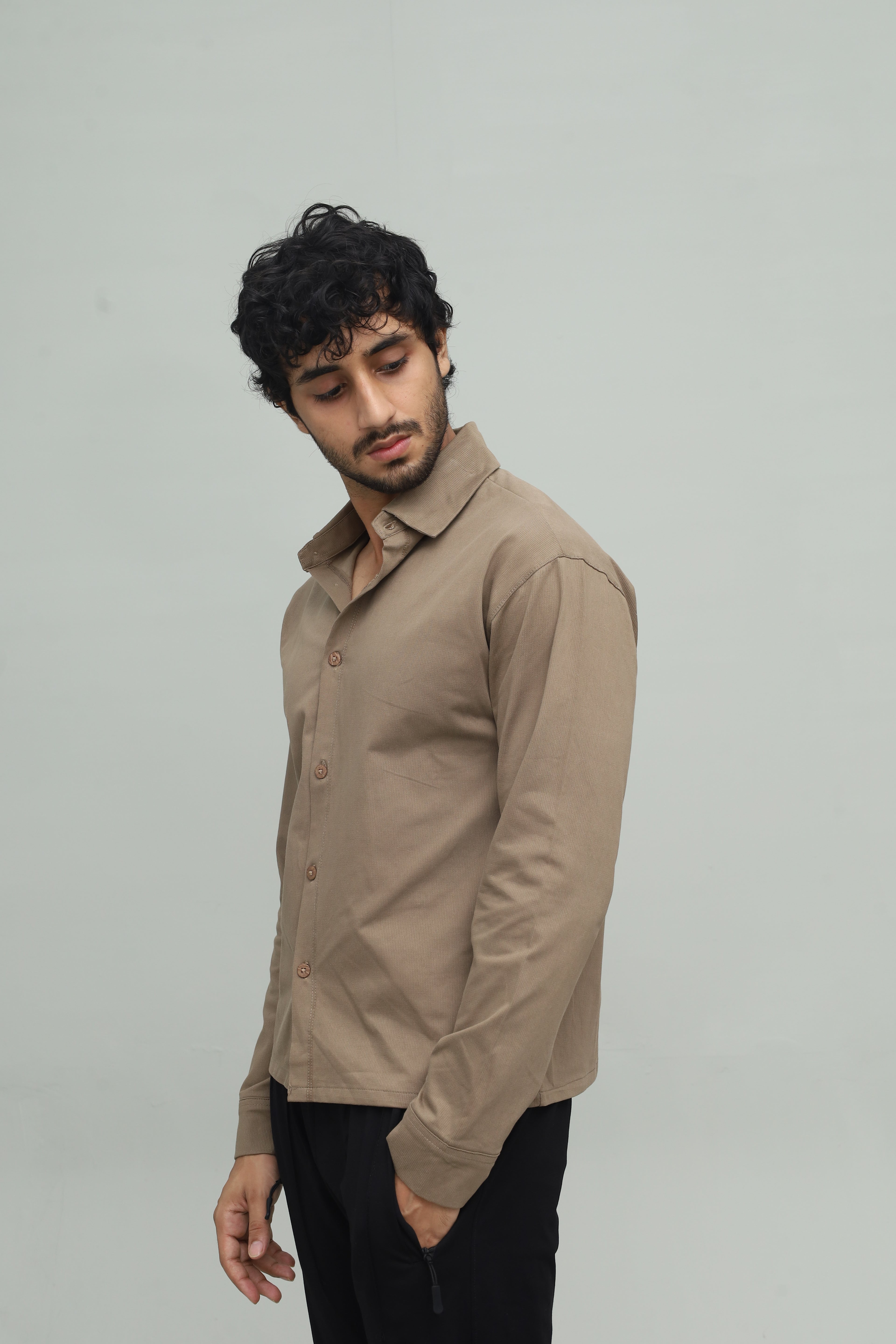 Cropped Khaki Brown Button Down Shirt FS