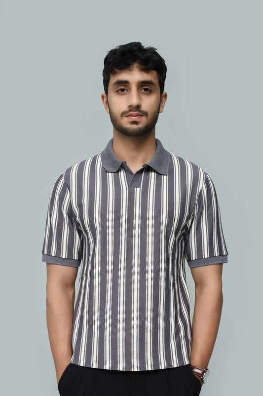 Knitted Gray Stripe Polo