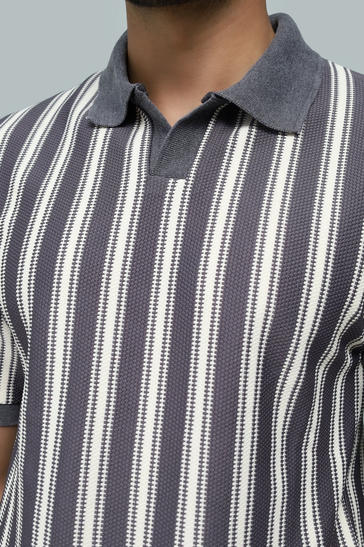 Knitted Gray Stripe Polo