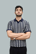 Knitted Navy Blue Stripe Polo