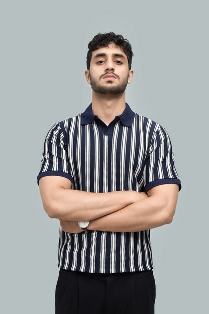 Knitted Navy Blue Stripe Polo