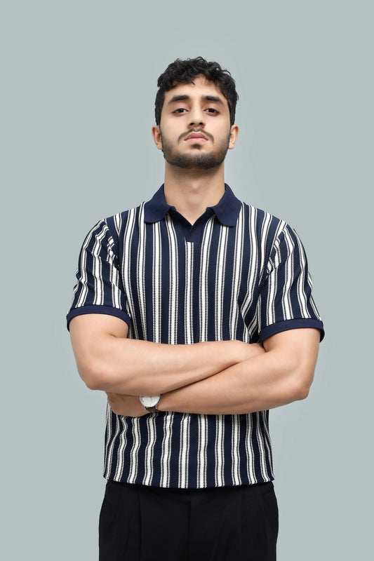 Knitted Navy Blue Stripe Polo
