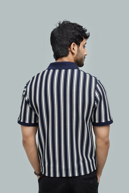 Knitted Navy Blue Stripe Polo