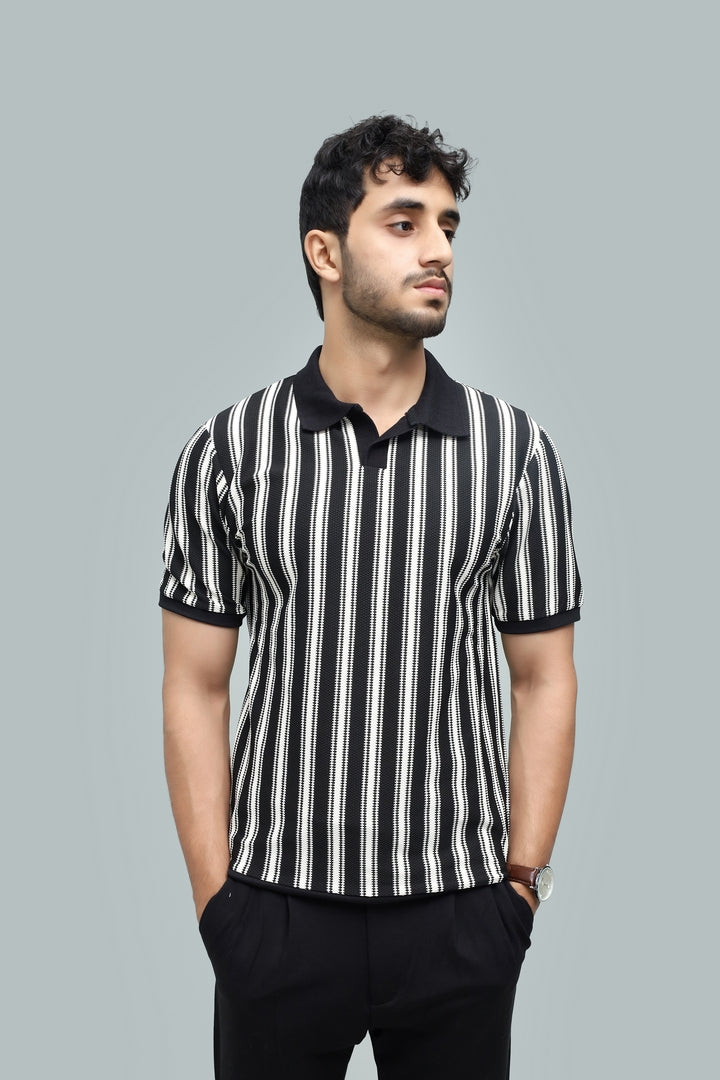 Knitted Black Stripe Polo