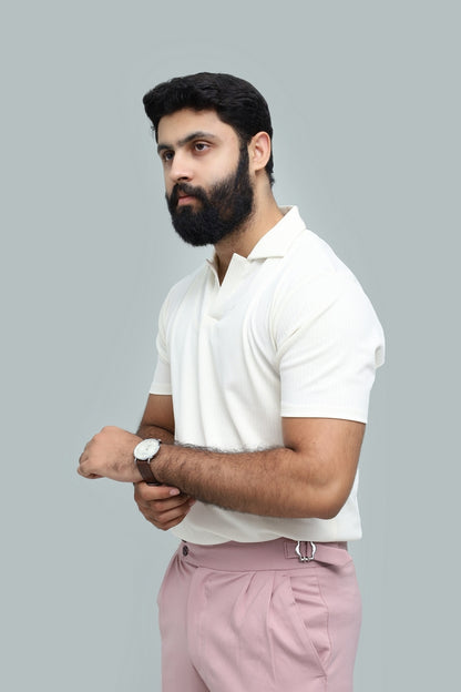 Drop Needle Off-White Polo & Dark Rust Brown Relaxed Fit Trouser