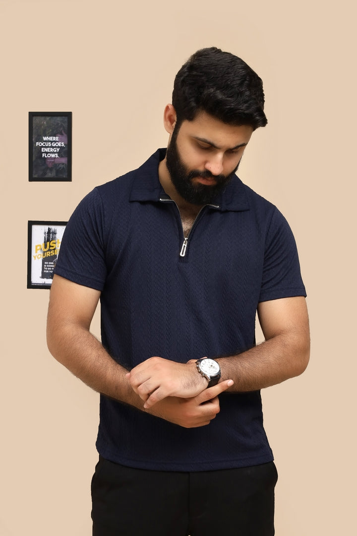 Textured Navy Blue Zipper Polo & Dark Gray Gurkha Pants