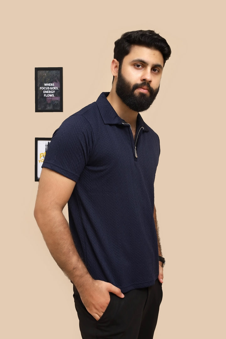 Knitted Navy Blue Zipper Polo