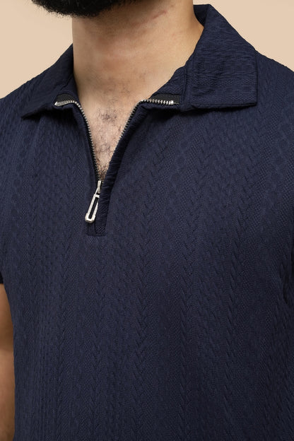 Textured Navy Blue Zipper Polo & Dark Gray Gurkha Pants
