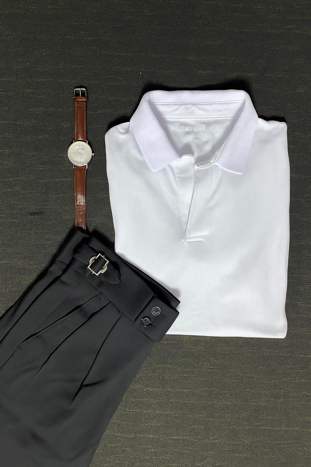 Drop Needle White Polo & Black Gurkha Pants