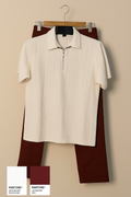 Off White Zipper Polo & Rust Brown Relaxed Fit Trouser