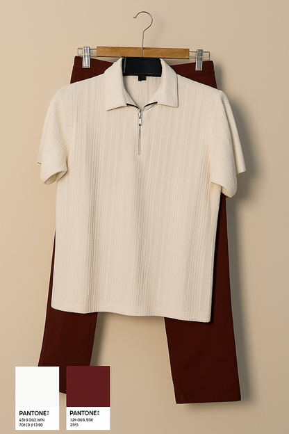 Off White Zipper Polo & Rust Brown Relaxed Fit Trouser