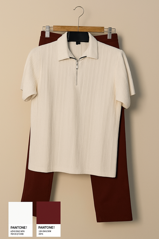 Off White Zipper Polo & Rust Brown Relaxed Fit Trouser